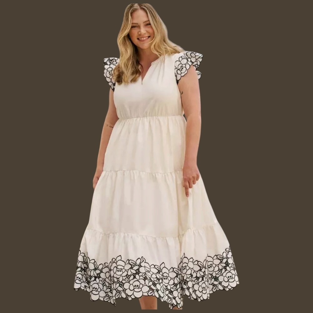NWT Torrid Belle Isle Tiered Maxi Dress 16 Embroidered Ruffle Sleeve Pockets
